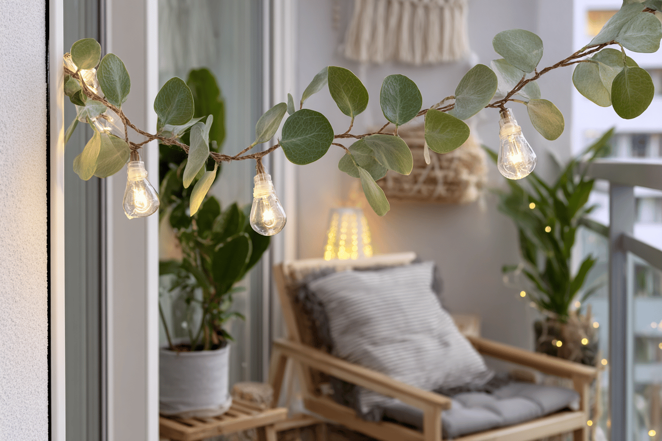 Gemütlicher Balkon mit Lichterkette, Pflanzen und Sitzbereich
