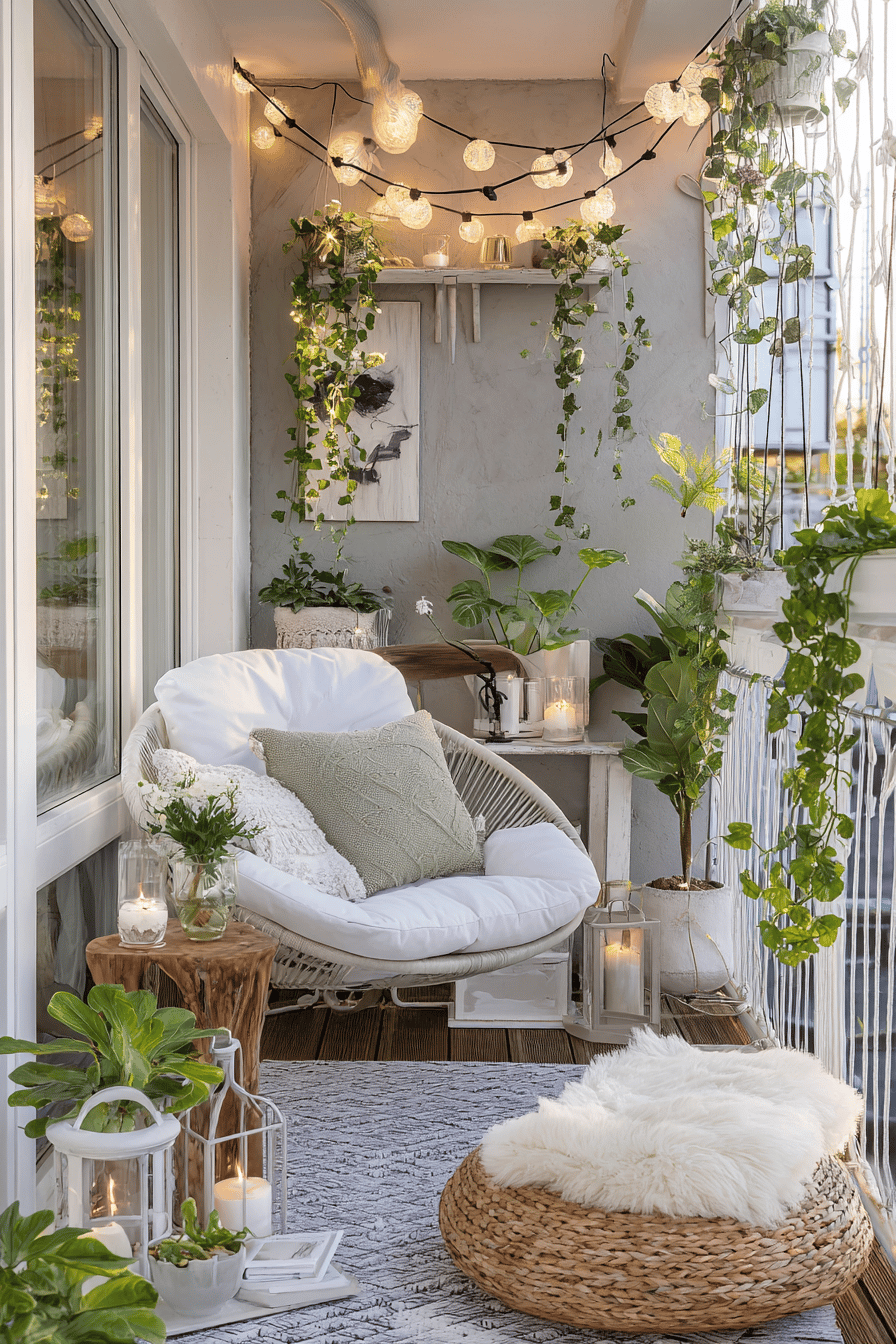 Ein gemütlicher Balkon mit Lichterketten, Pflanzen und einem bequemen Sessel.