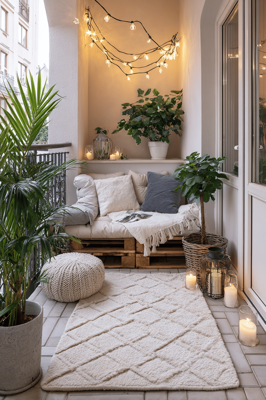 Gemütlicher Balkon mit Lichterketten, Pflanzen und Outdoor-Teppich.