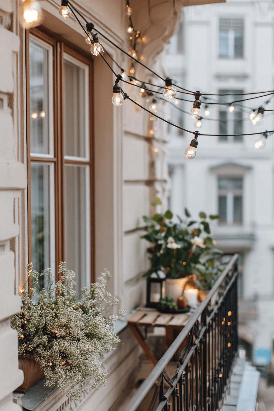 Ein eleganter Balkon mit Lichterketten und Pflanzen, die eine gemütliche Atmosphäre schaffen.