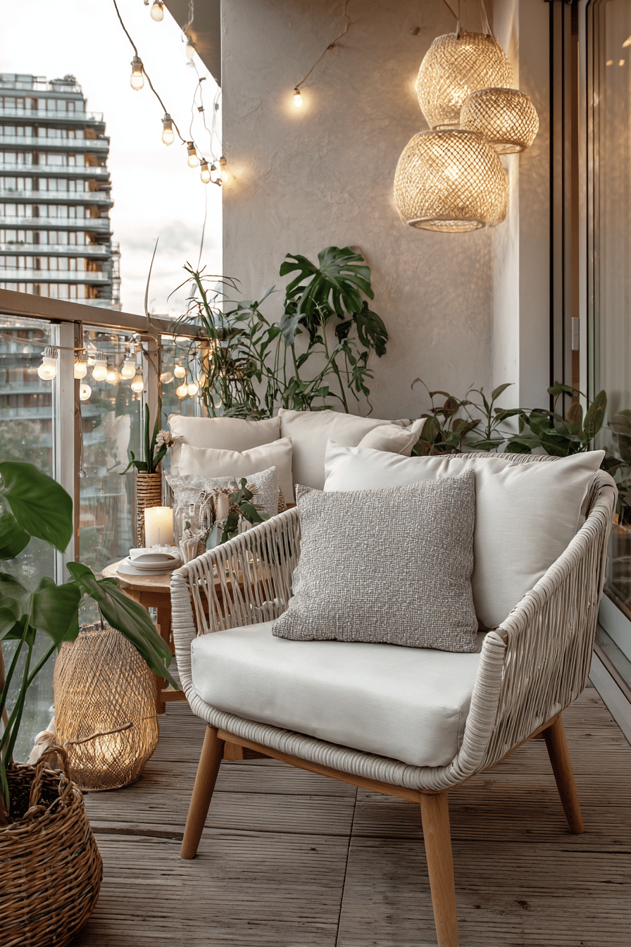 Ein gemütlicher Balkon mit Lichterketten und Pflanzen, der eine einladende Atmosphäre schafft.