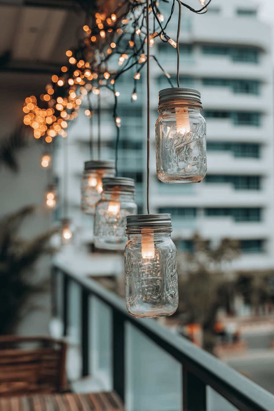 Ein DIY-Lampenprojekt mit Lichterketten in vintage Einmachgläsern auf einem Balkon.