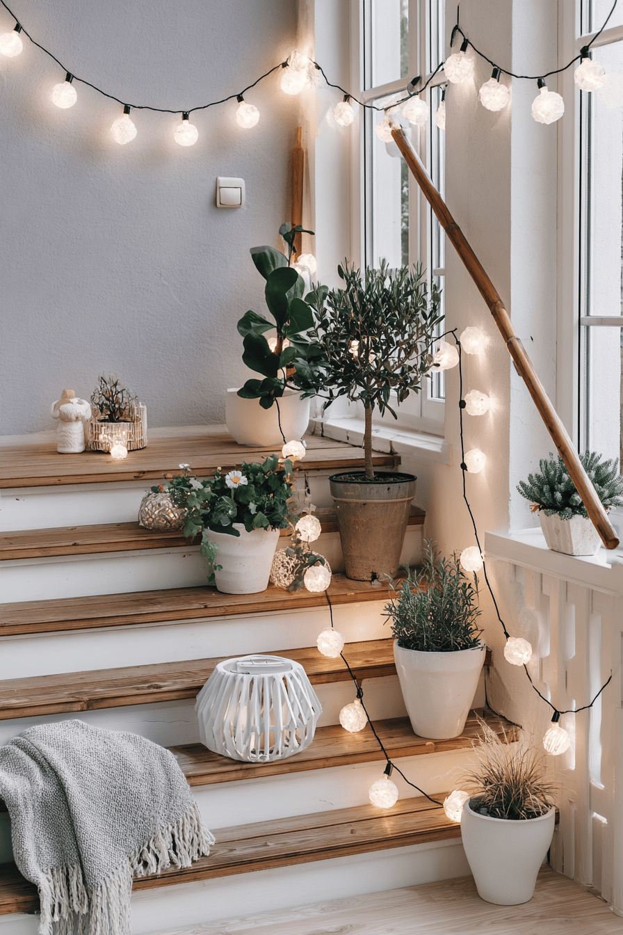 Holztreppen mit Balkonpflanzen und Lichterketten dekoriert.