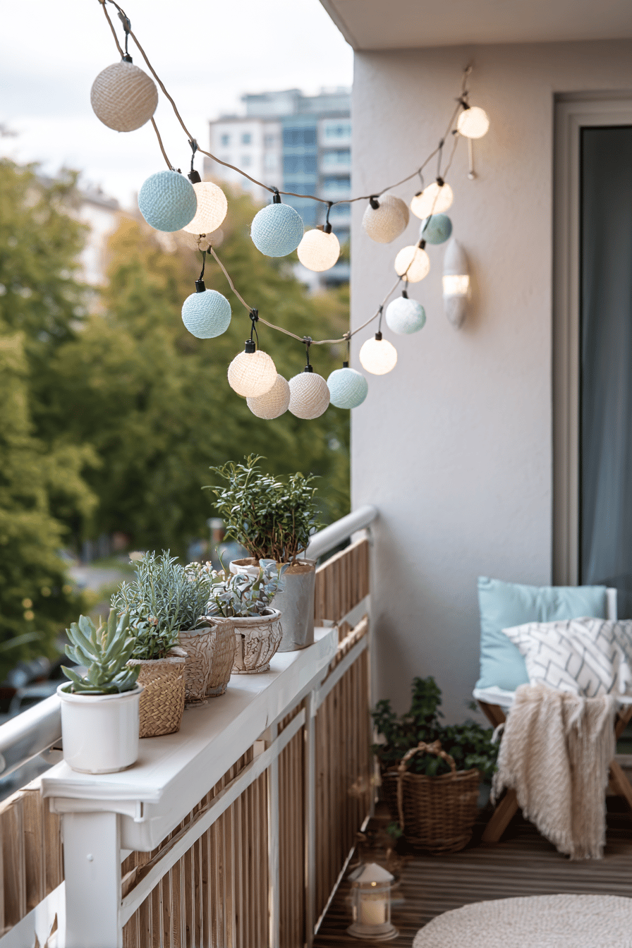 Balkon mit bunter Lichterkette und Pflanzen, die eine gemütliche Atmosphäre schaffen.