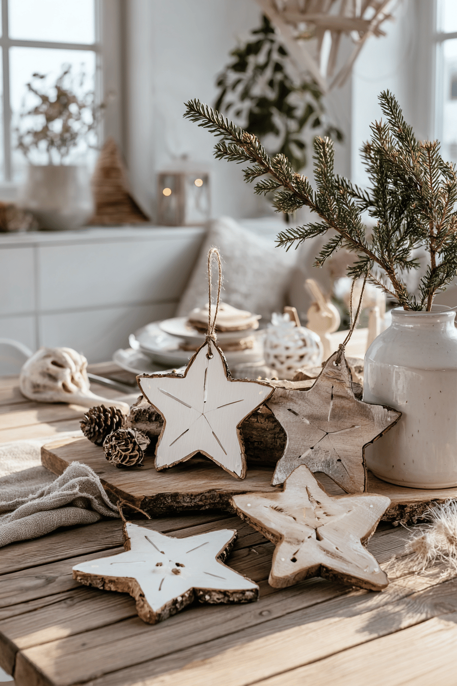 Holzsterne aus Baumrinde als Weihnachtsdekoration auf einem Tisch arrangiert.