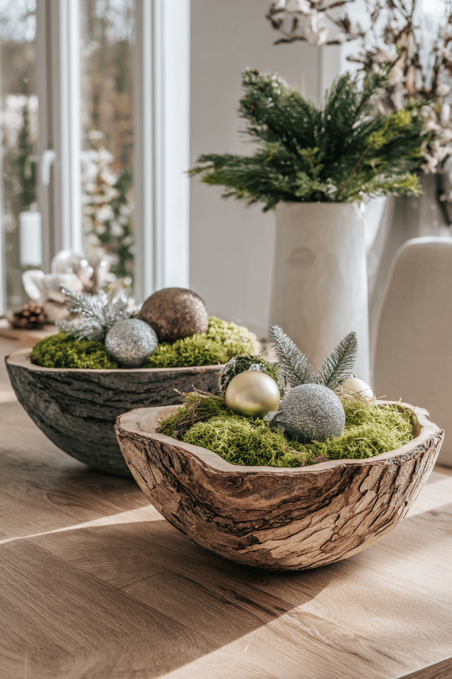 Rindenschalen mit Moos und Christbaumkugeln auf einem Tisch dekoriert.