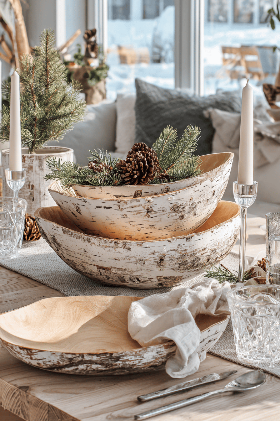 Dekorative Servierschalen aus Baumrinde auf einem Tisch, geschmückt mit Tannenzweigen und Zapfen.
