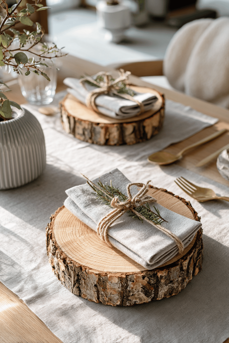 Ein weihnachtlich gedeckter Tisch mit natürlichen Platztellern aus Baumrinde und Stoffservietten.