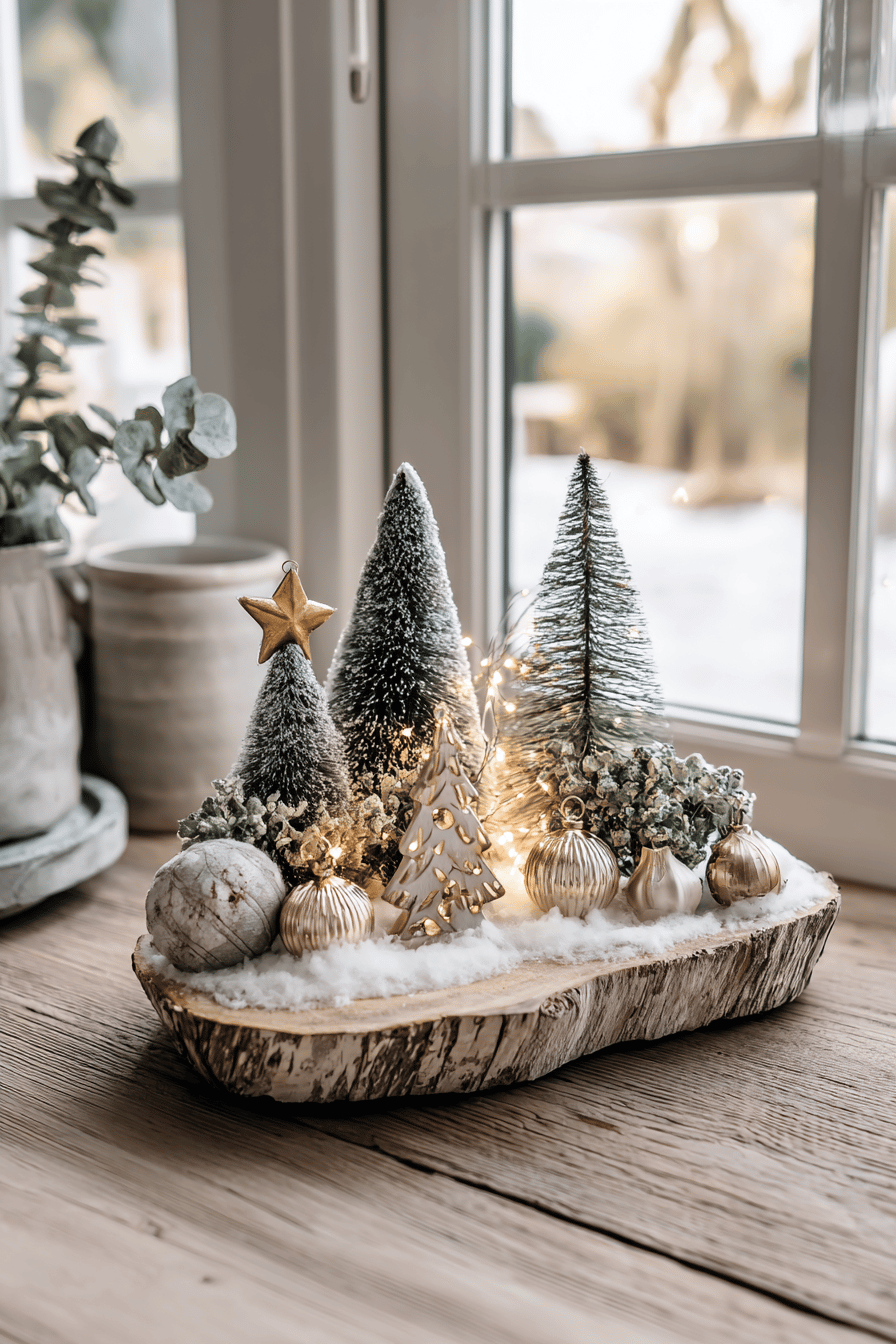 Winterliche Miniaturlandschaft mit Dekobäumen und Lichtern auf einer Baumrindenplatte vor einem Fenster.