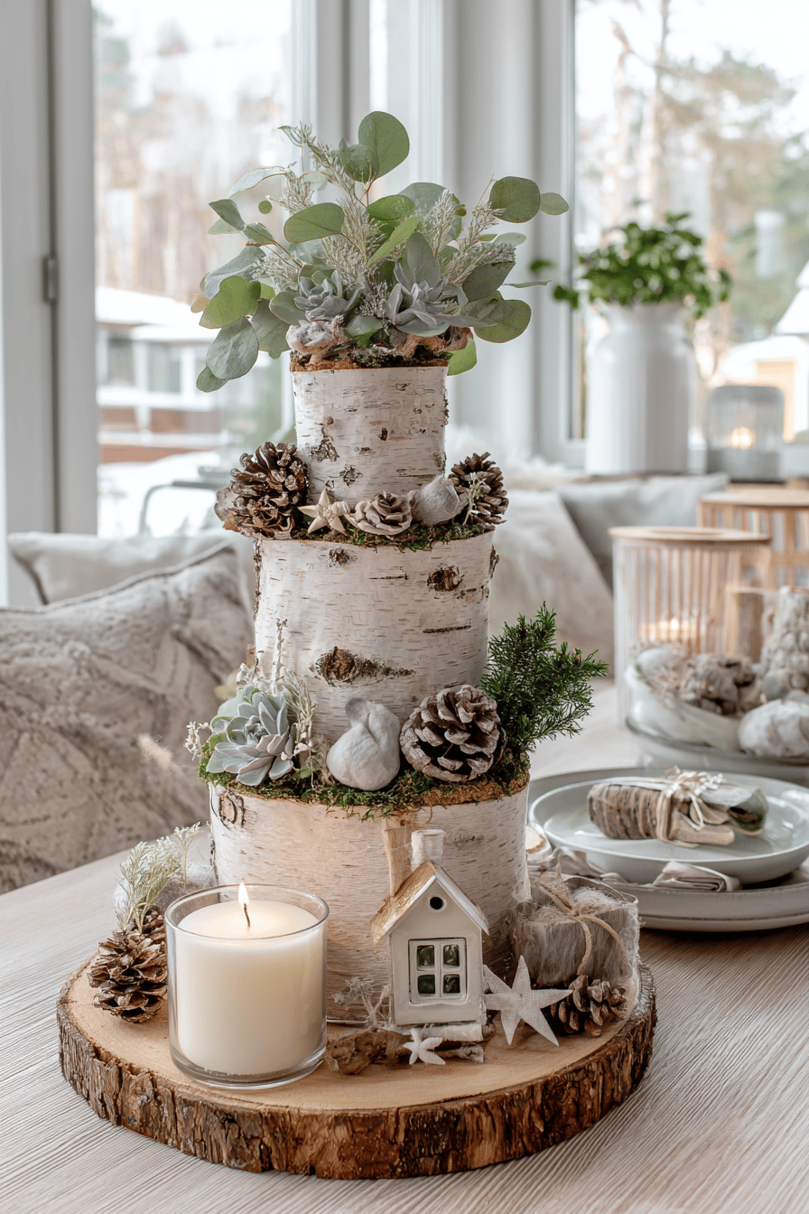 Tischdekoration aus Baumrinde mit Kerze und kleinen Deko-Elementen.