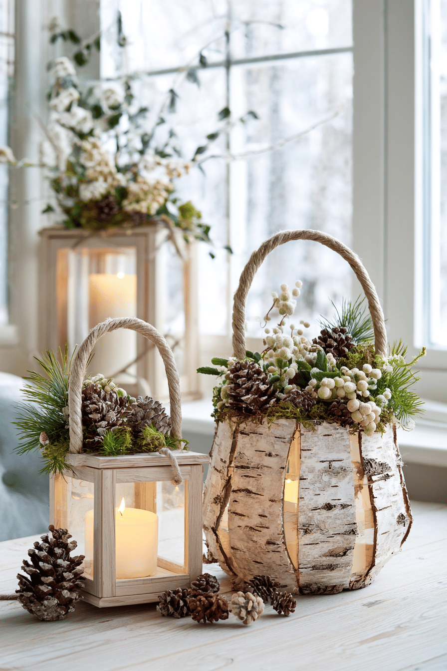 Rustikale Windlichter mit Birkenrinde, dekoriert mit Tannenzapfen und winterlichen Zweigen, auf einem Tisch.