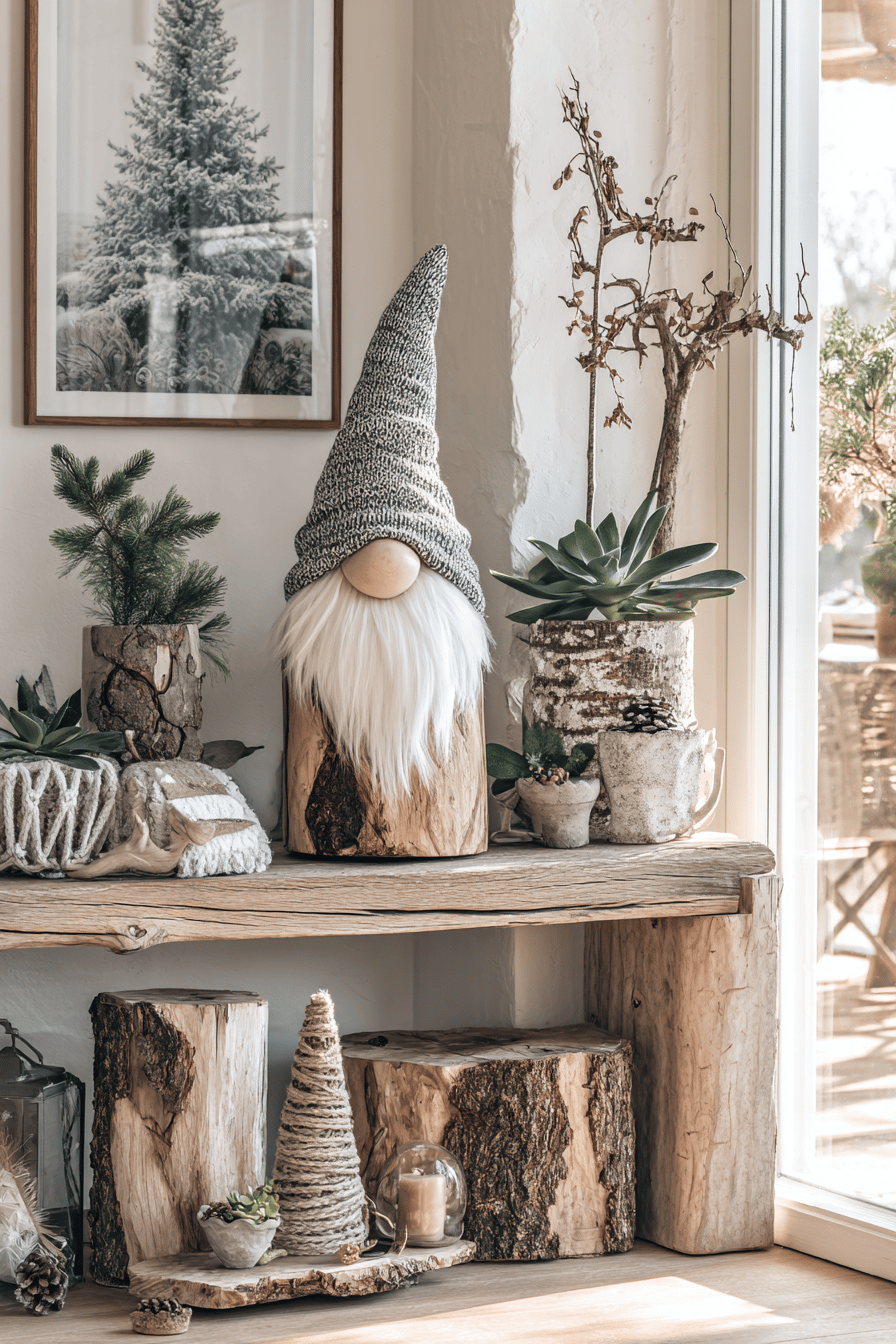 Ein gemütlich dekorierter Holzstamm, der mit einer Wollmütze und einem weißen Bart als Weihnachtsgnom in einer winterlichen Szenerie erscheint.