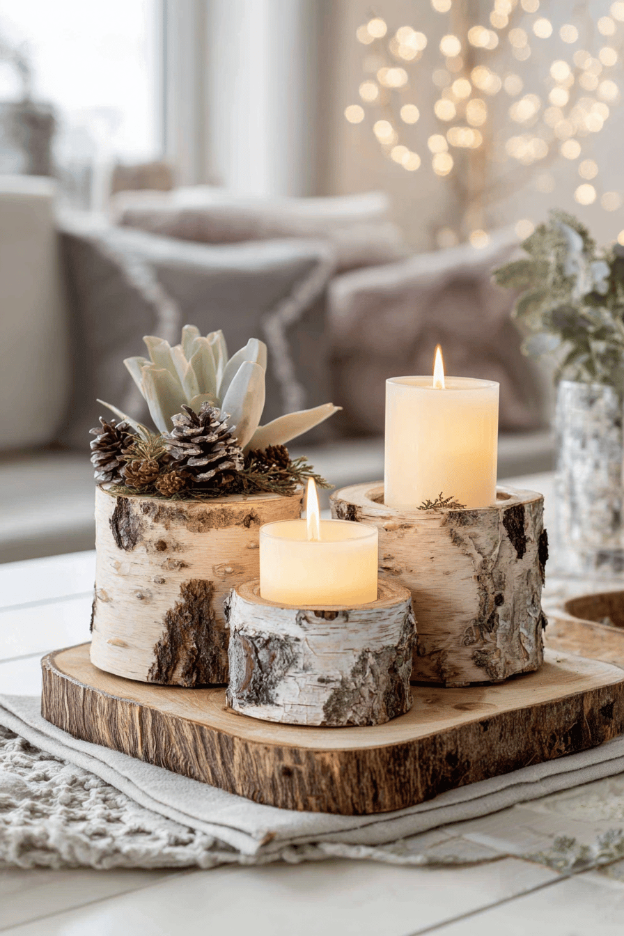 Kerzen auf dicken Baumrindenstücken als weihnachtliche Deko.