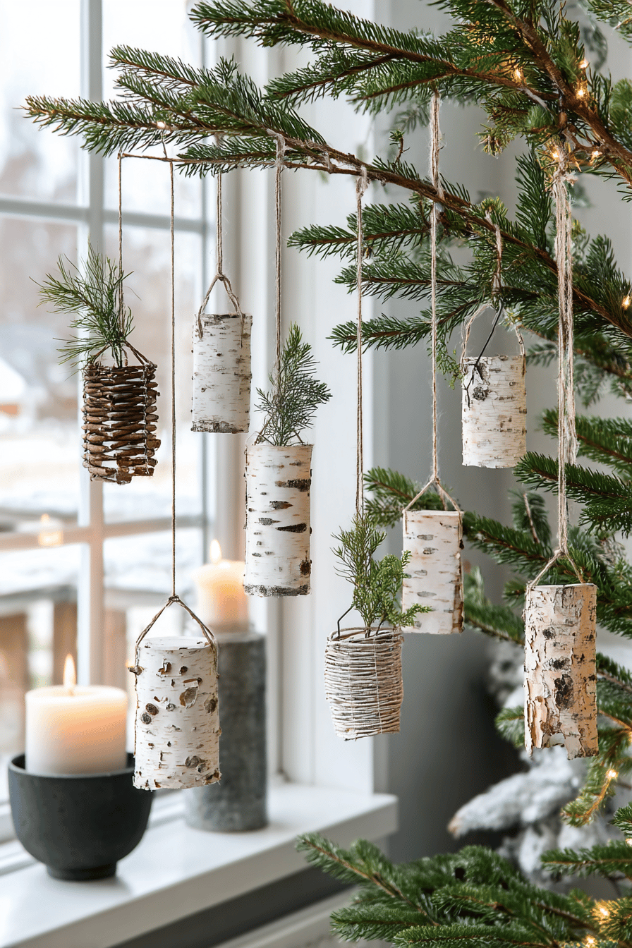 Weihnachtsbaumanhänger aus Birkenrinde und Naturmaterialien an einem grünen Ast.