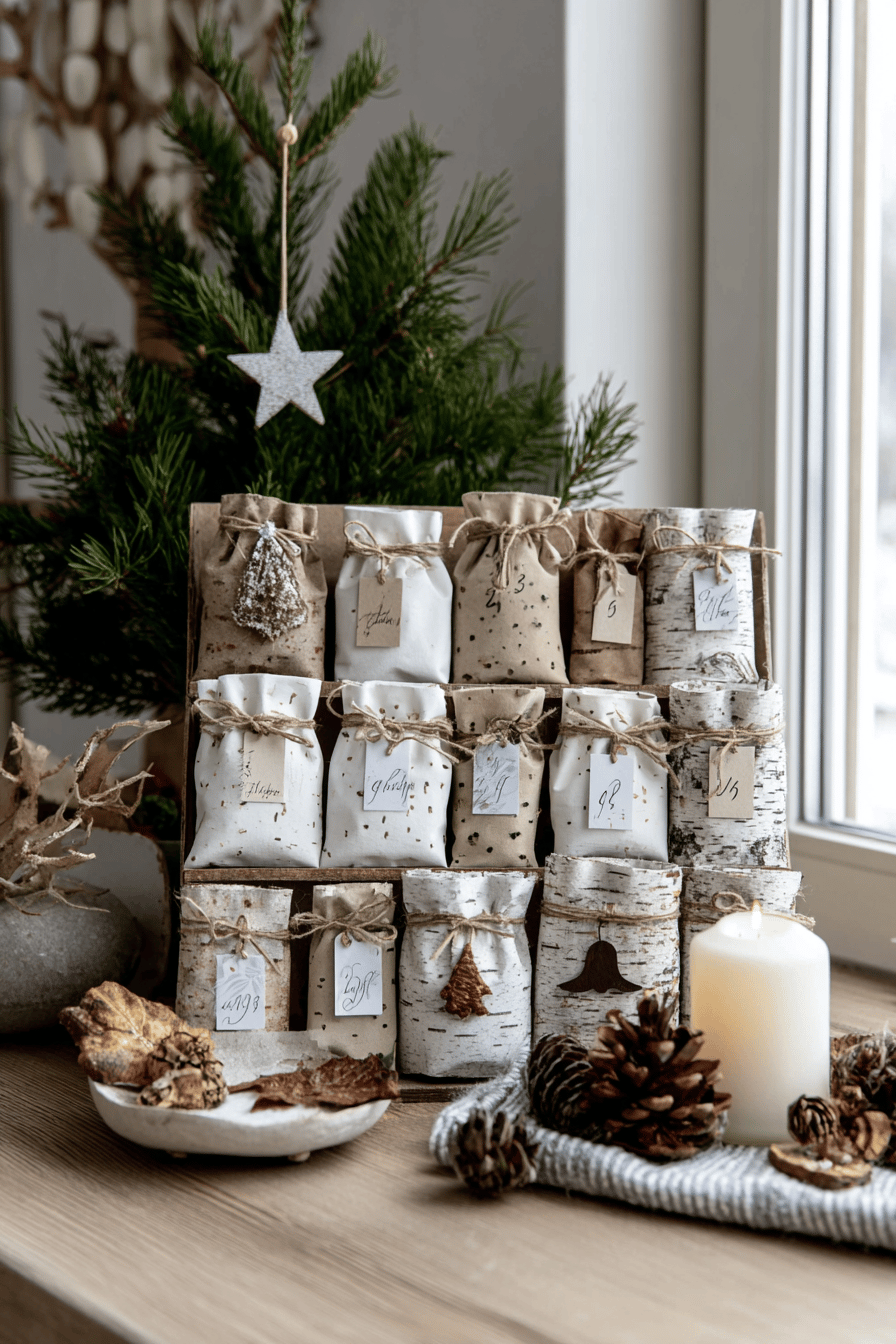 Ein Adventskalender mit Rindentäschchen, geschmückt mit natürlichen Elementen auf einem Fensterbrett.