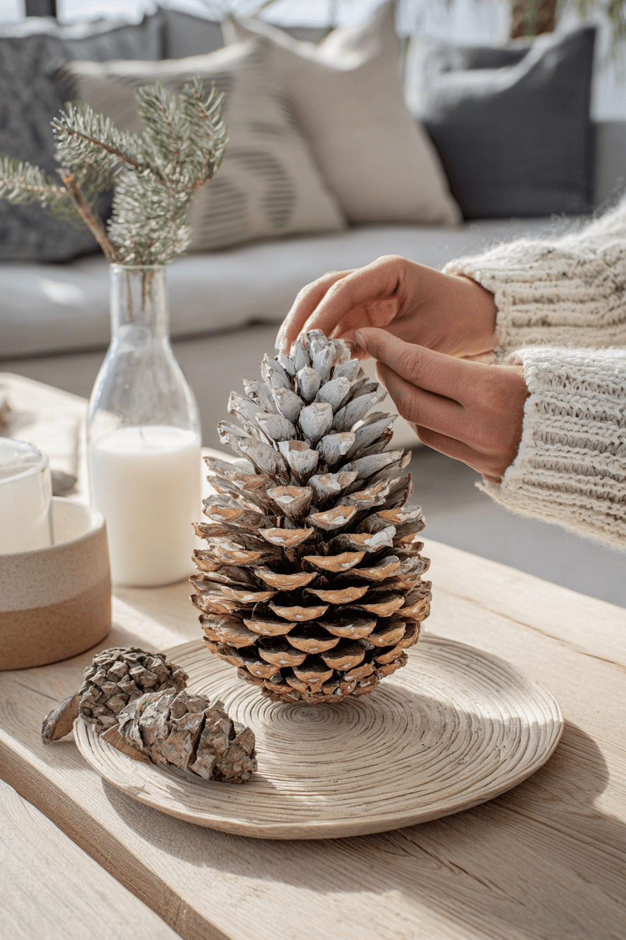 Eine Hand dekoriert eine große, bemalte Kiefer mit Baumrindenstücken auf einem Tisch.