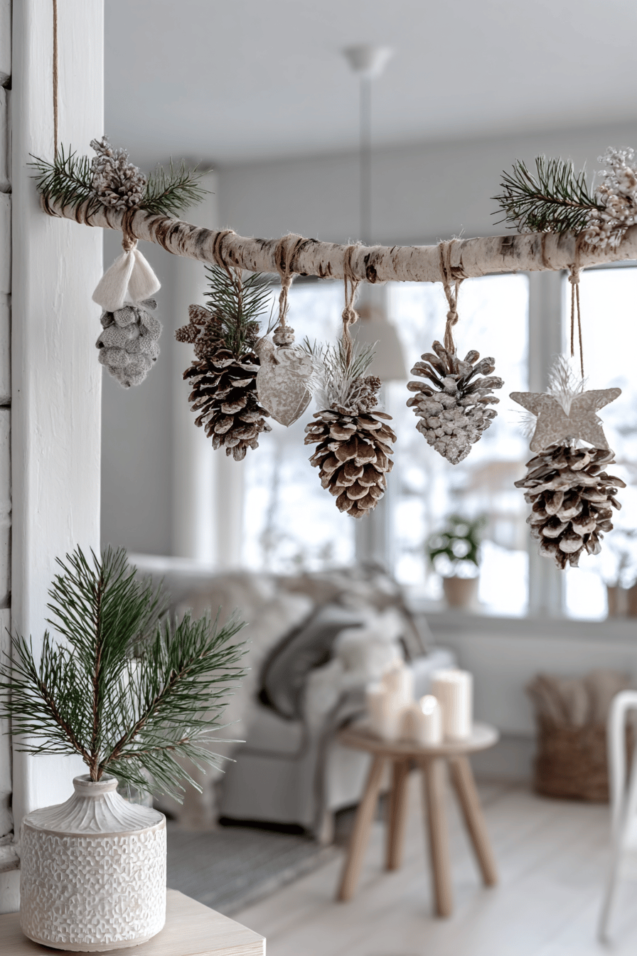 Weihnachtsdekoration aus Birkenzweig mit Tannenzapfen und Elementen aus Baumrinde.