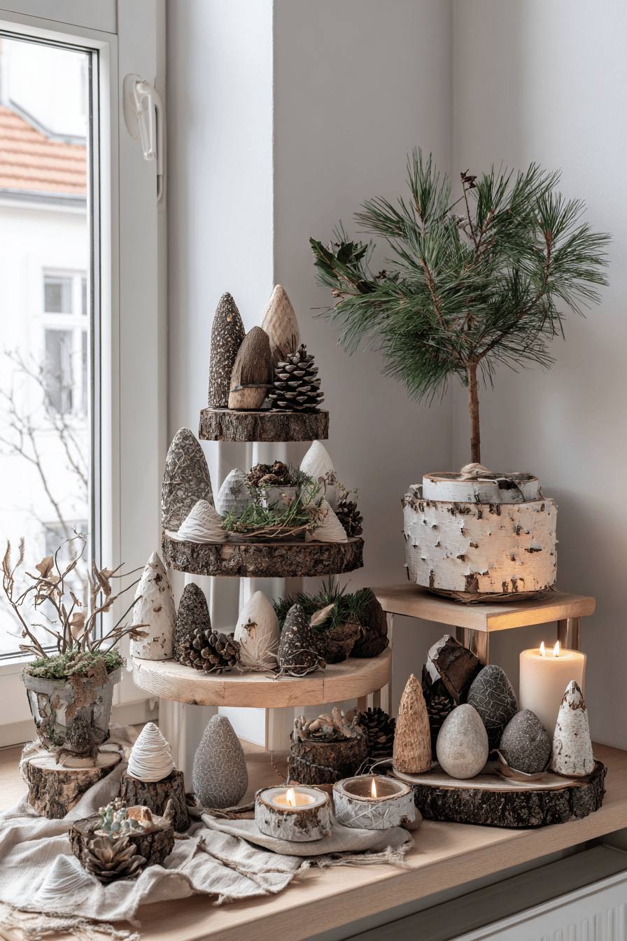 Ein Arrangement von Weihnachtsbäumen und Dekorationen mit Baumrinde auf einer Etagere.