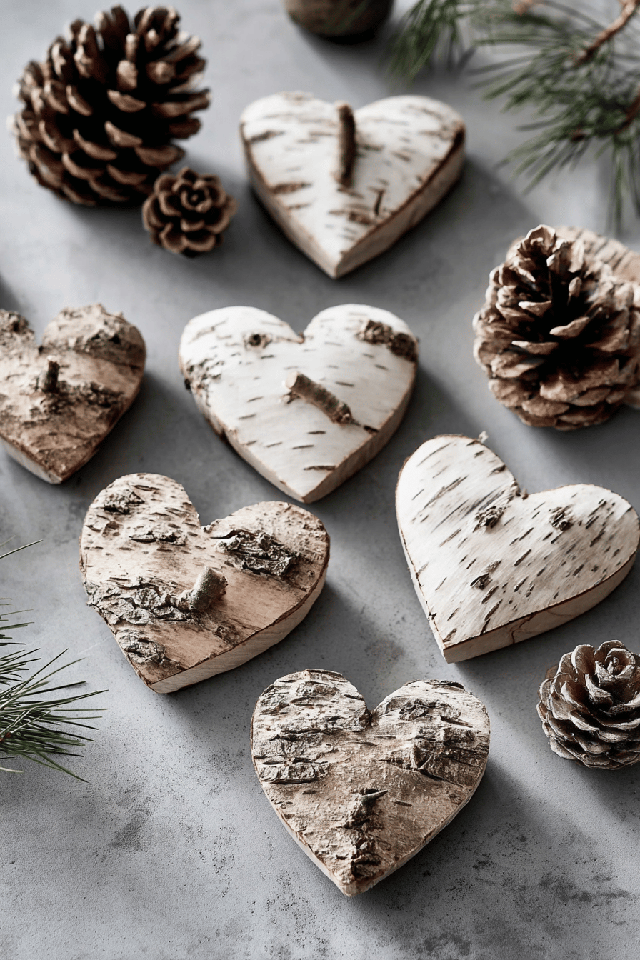 Herzförmige Dekorationen aus Baumrinde mit Tannenzapfen auf grauem Hintergrund.