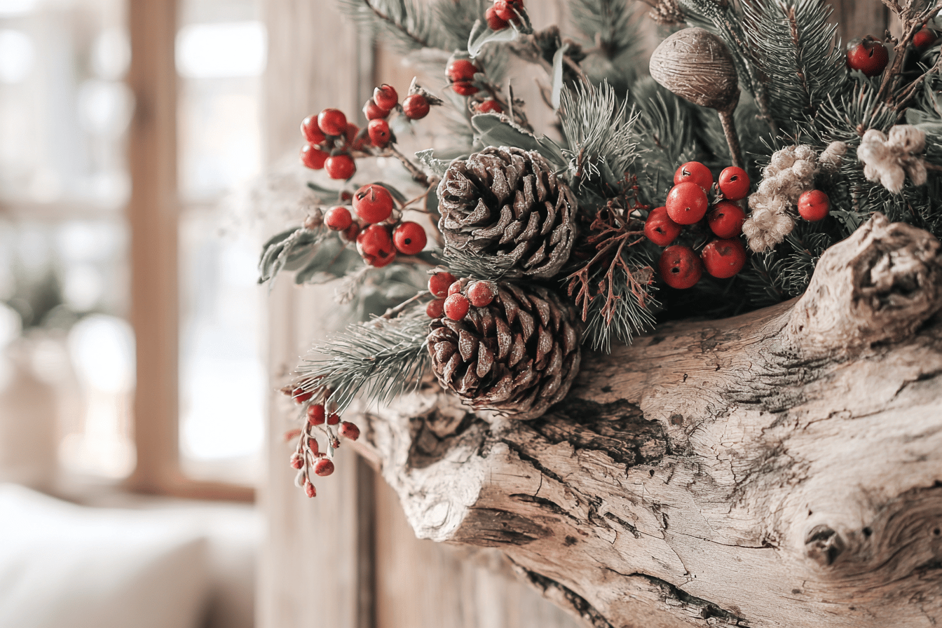 Weihnachtsdekoration mit Zapfen und roten Beeren