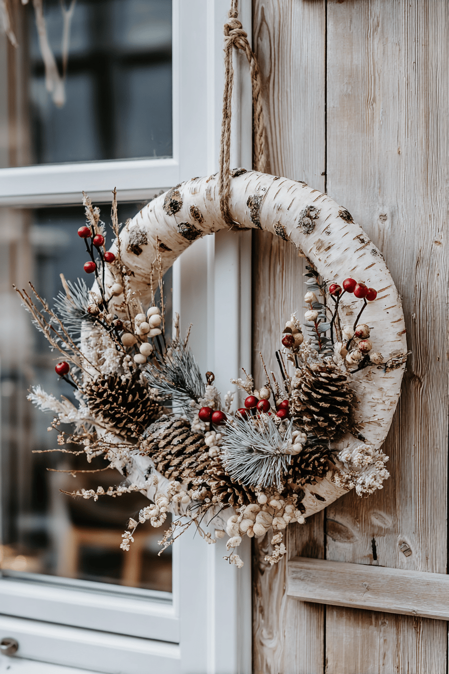 Türkranz aus Birkenrinde mit weihnachtlicher Dekoration aus Beeren und Tannenzapfen.