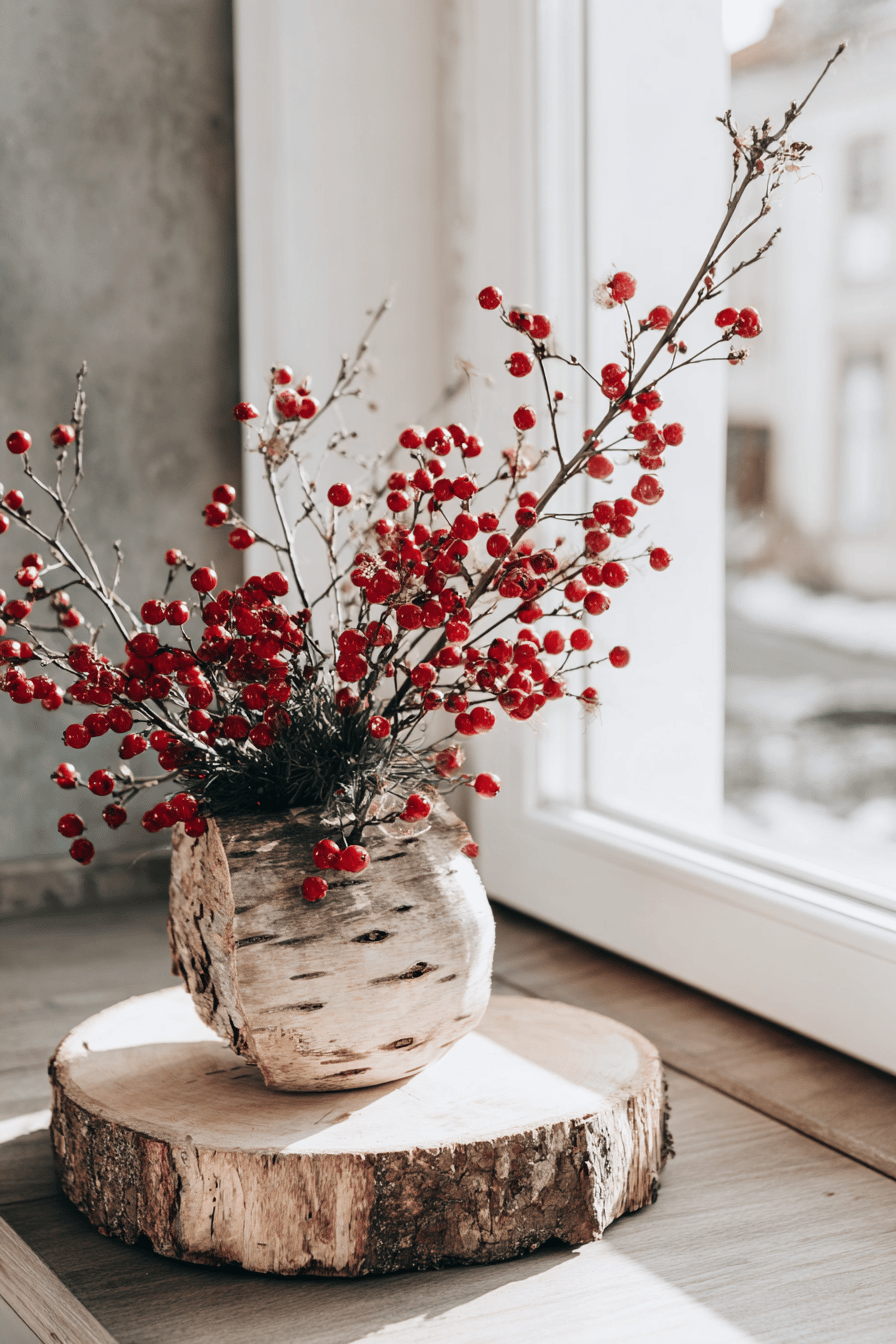 Baumrinde mit roten Beeren als dekorative Vase auf einem Holzuntersetzer.