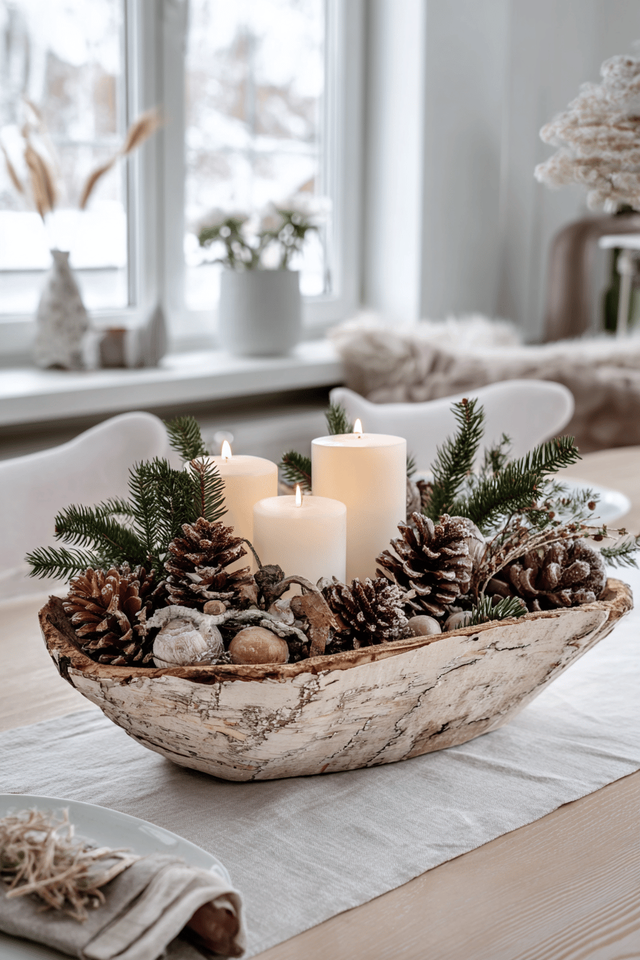 Adventsgesteck in einer großen Schale aus Baumrinde mit weißen Kerzen, Tannenzweigen und Zapfen.