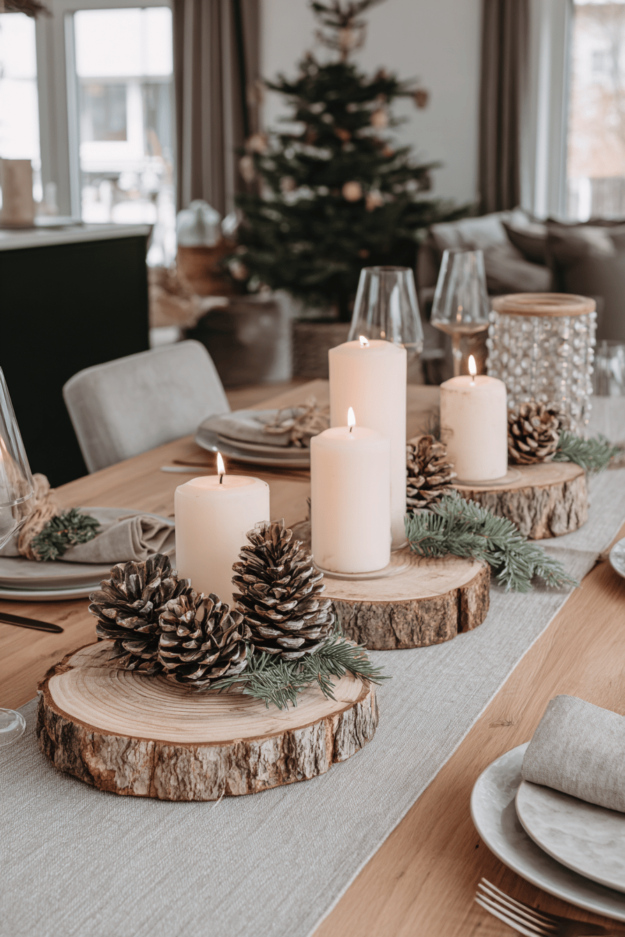 Eine festlich dekorierte Tischszene mit Kerzen, Tannenzapfen und Baumscheiben.