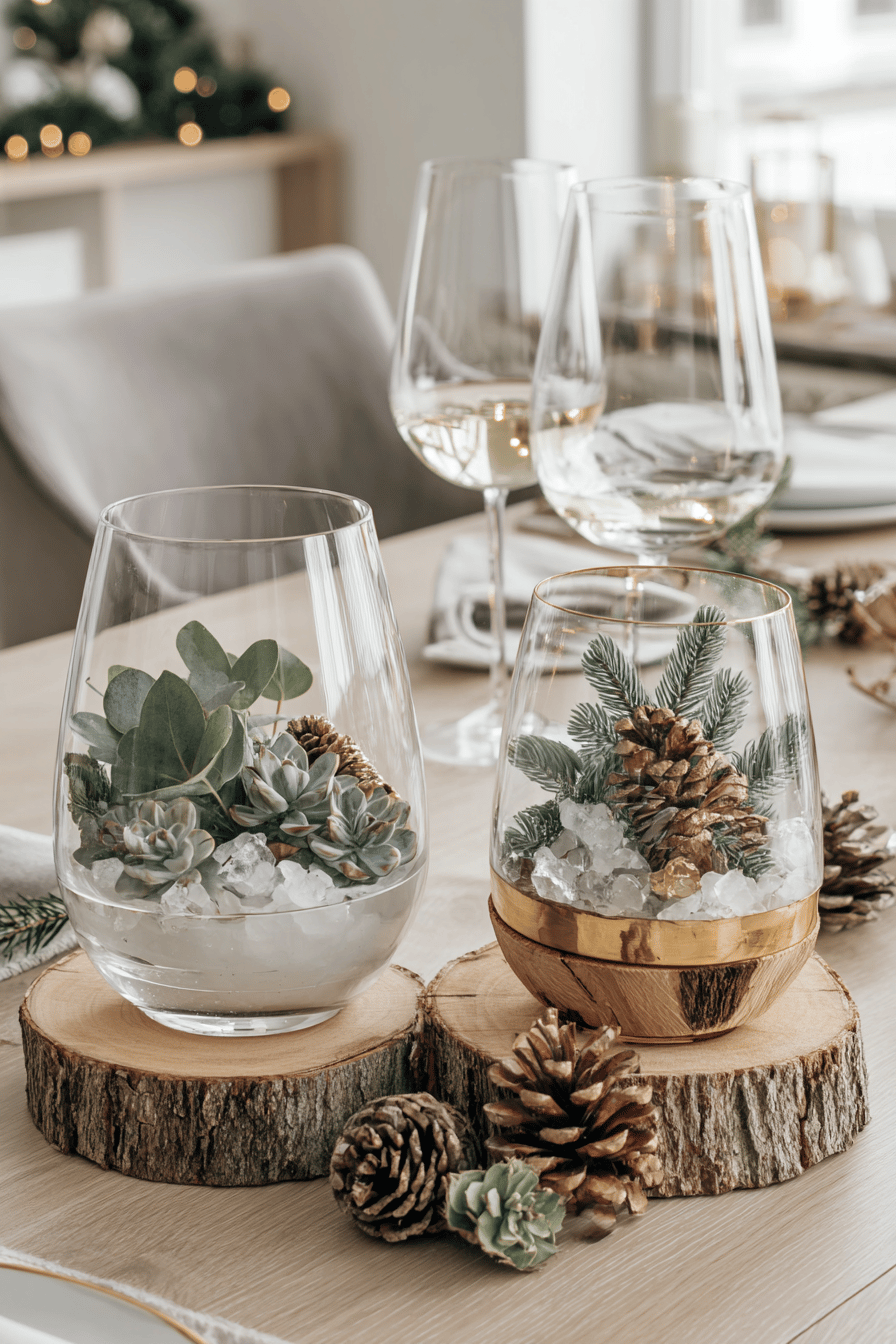 Zwei Vasen auf Baumscheiben, gefüllt mit Tannenzweigen und Sukkulenten, als Tischdekoration mit Lichterketten im Hintergrund.