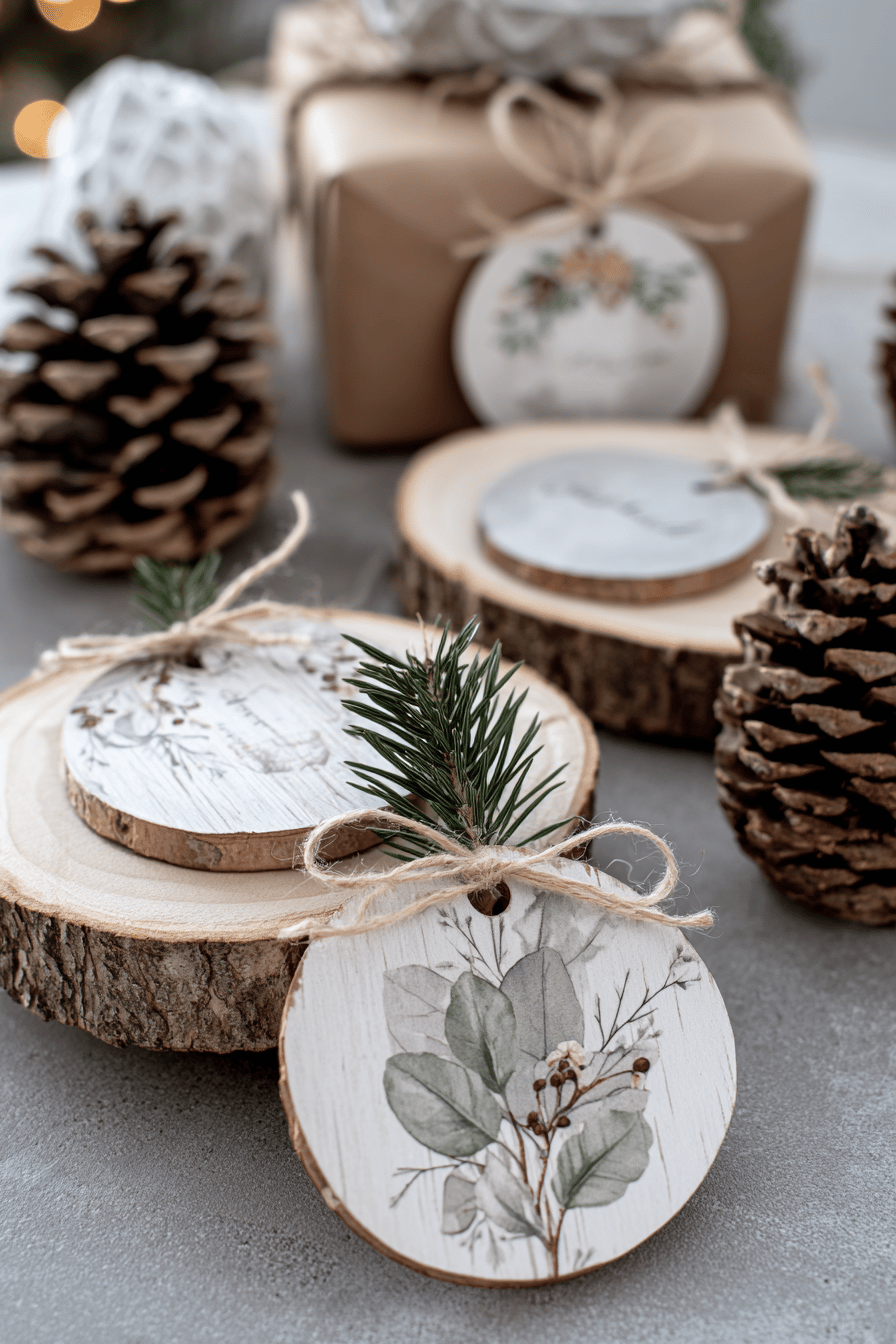 Bemalte Baumscheiben mit Pflanzenmotiven als Geschenkanhänger arrangiert neben Geschenken und Tannenzapfen.