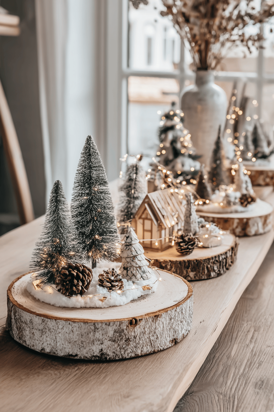 Handgefertigte Schneelandschaftsdekoration auf Baumscheiben mit Miniaturbäumen und Häuschen.