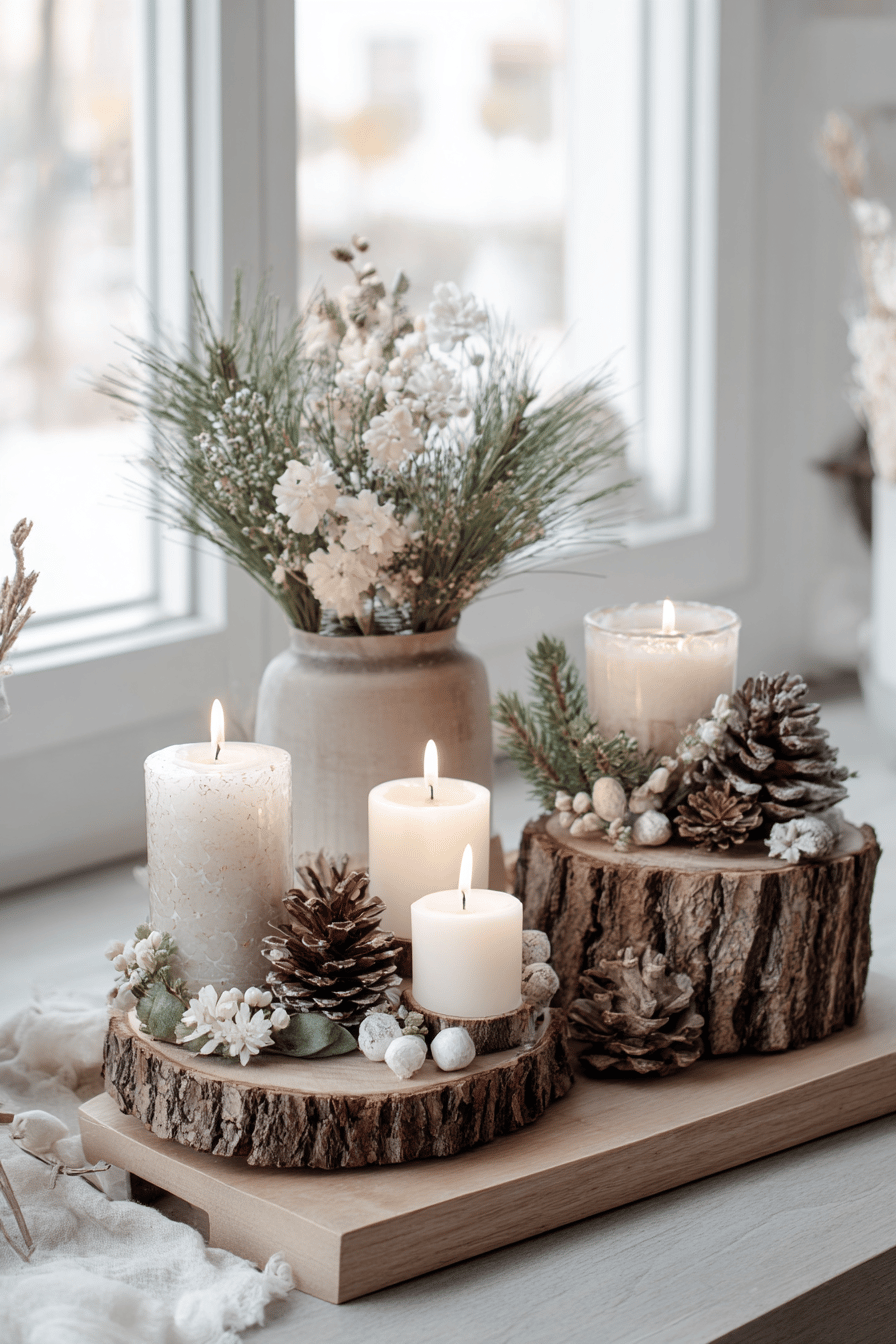 Weihnachtliche Holzscheiben-Deko mit Kerzen, Tannenzapfen und Blumen.