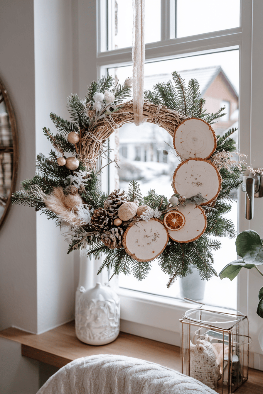Weihnachtskranz mit Baumscheiben, Tannenzweigen und dekorativen Elementen am Fenster.