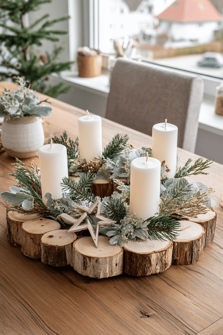Ein adventlich dekorierter Kranz aus Baumscheiben mit weißen Kerzen und grünem Tannenschmuck.