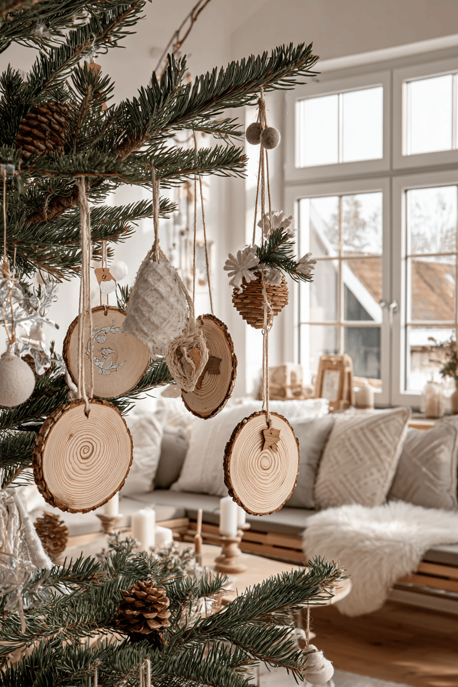 Baumscheibengirlanden und Dekoration im weihnachtlich geschmückten Wohnzimmer.