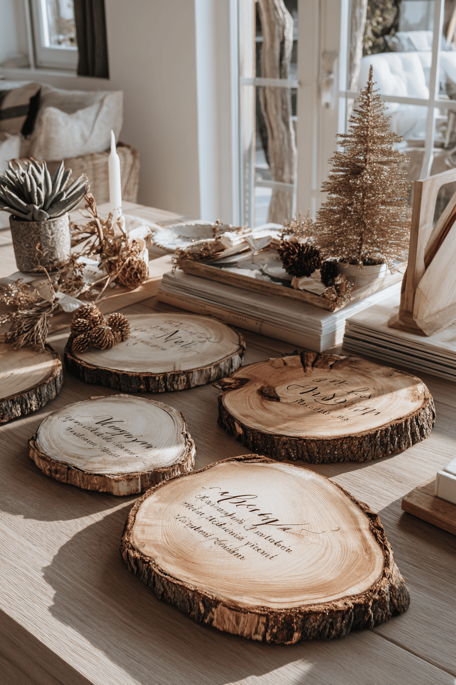 Verschiedene Baumscheiben mit persönlichen Gravuren wie Namen und Sprüchen, umgeben von Weihnachtsdekoration auf einem Tisch.