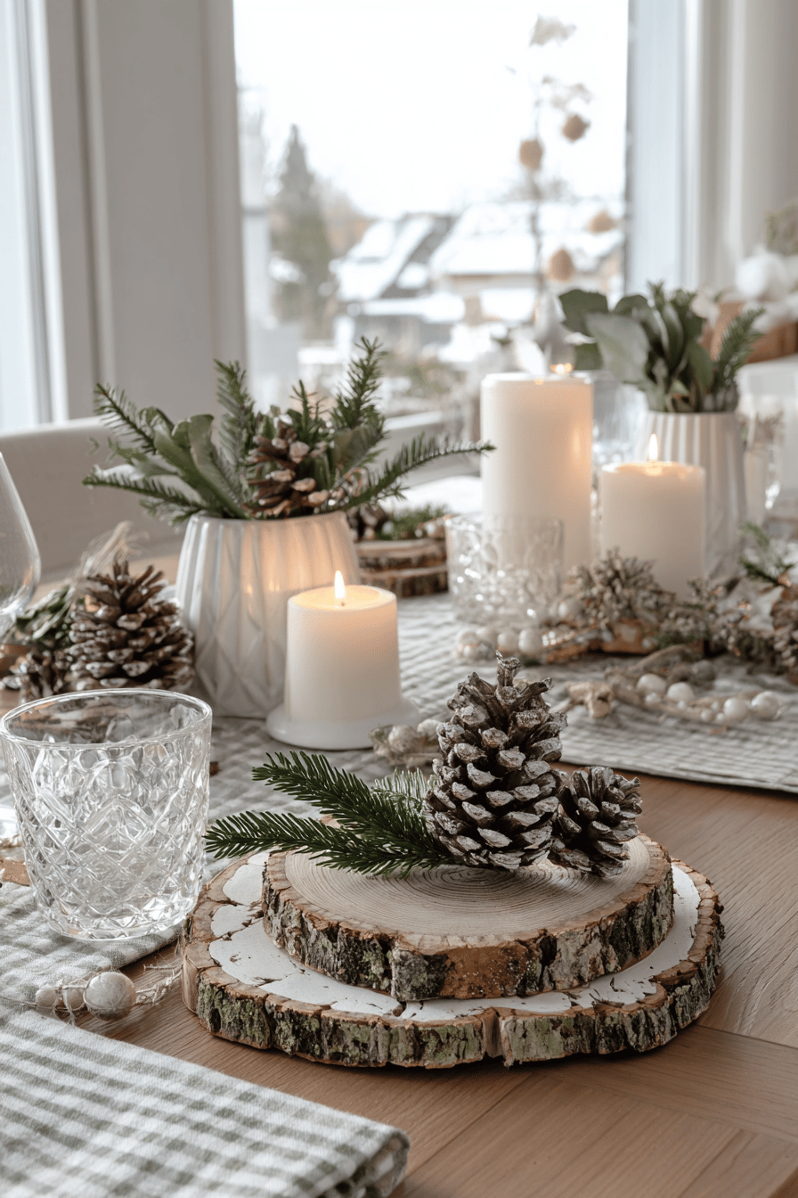 Weihnachtlich dekorierter Tisch mit Baumscheiben, Kerzen und Tannenzweigen.