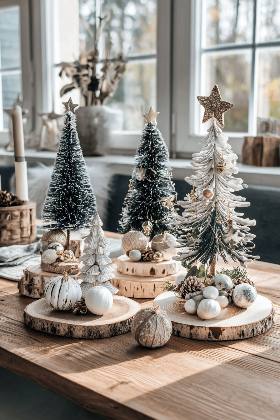 Mini-Weihnachtsbäume auf Baumscheiben mit dekorativen Kugeln und Sternen.