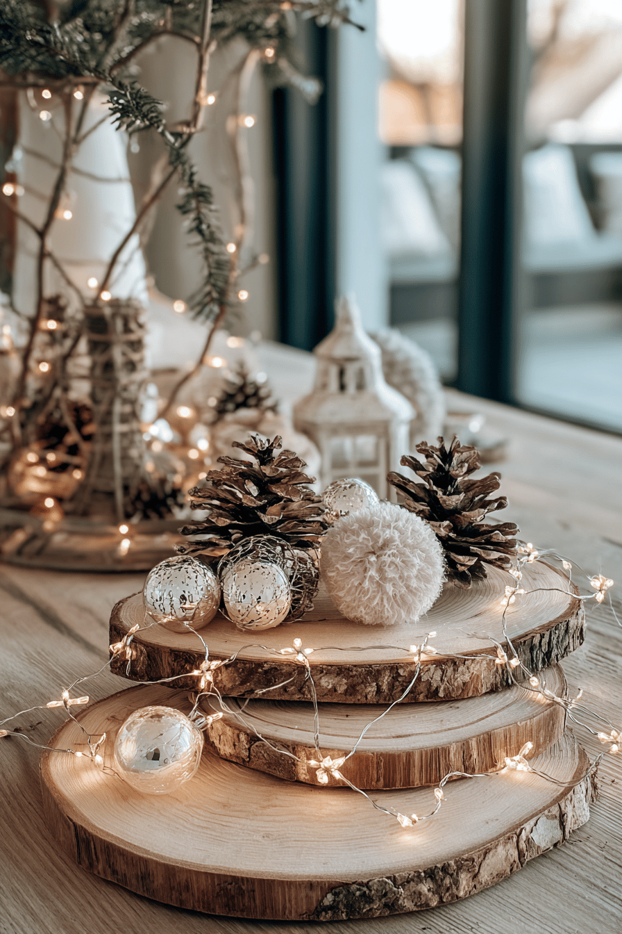 Weihnachtliche Baumscheibendeko mit LED-Lichtern, Tannenzapfen und Kugeln.