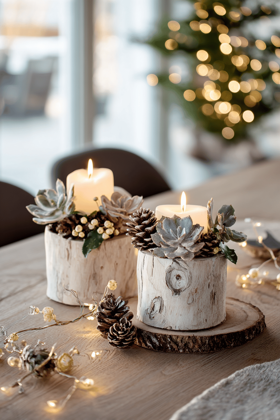 Zwei weiße Kerzen auf dekorierten Baumscheiben mit Tannenzapfen und Sukkulenten, umgeben von Lichterketten.