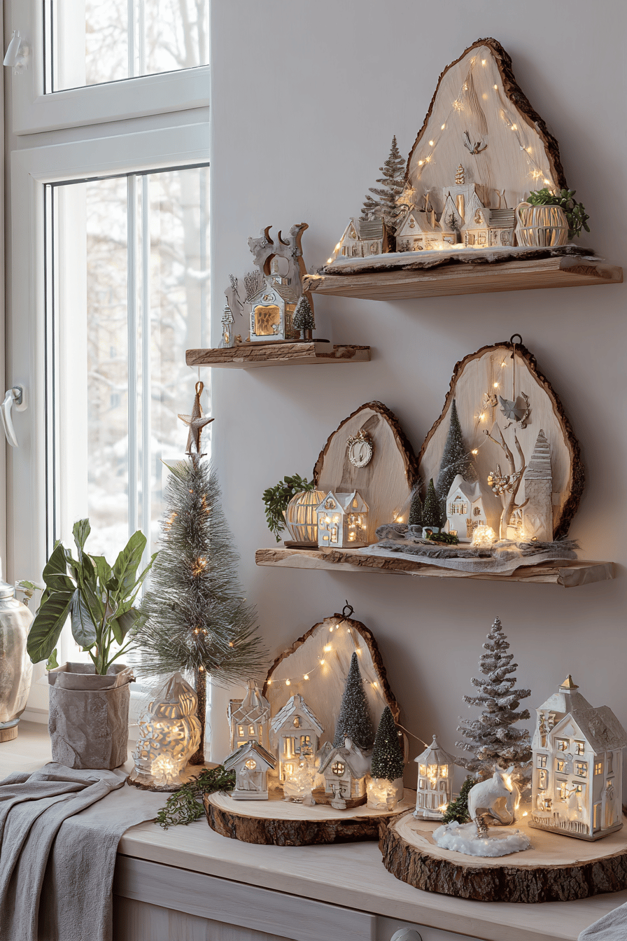Weihnachtliche 3D-Szenen auf großen Baumscheiben mit beleuchteten Häusern und kleinen Bäumen auf Holzregalen.