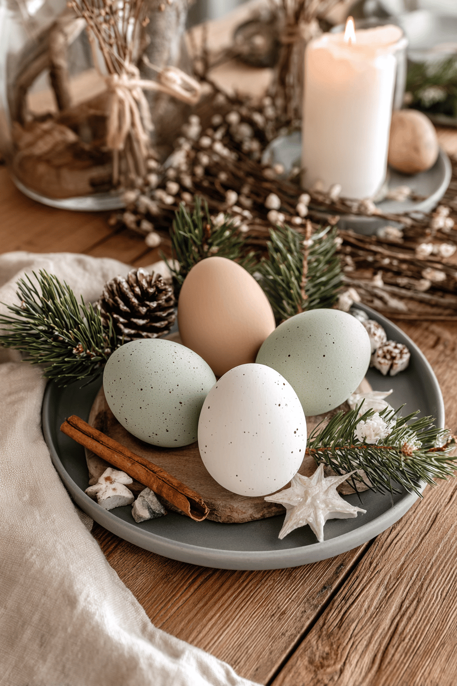 Pastellfarbene Beton-Ostereier auf einem Teller mit Tannenzweigen und Kerzen.