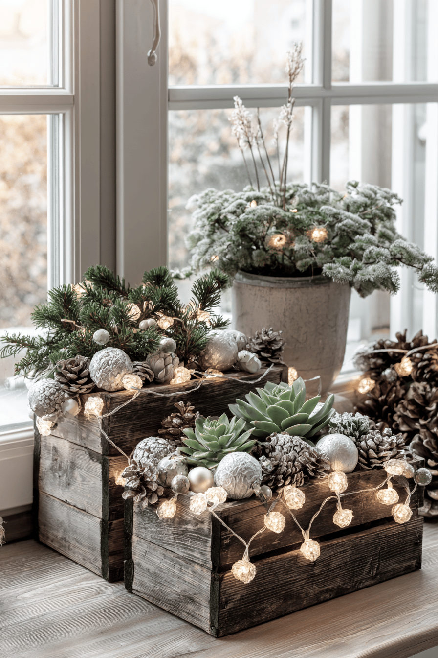 Weihnachtlich dekorierte Blumenkästen mit Tannenzapfen, Lichterketten und grünen Pflanzen.