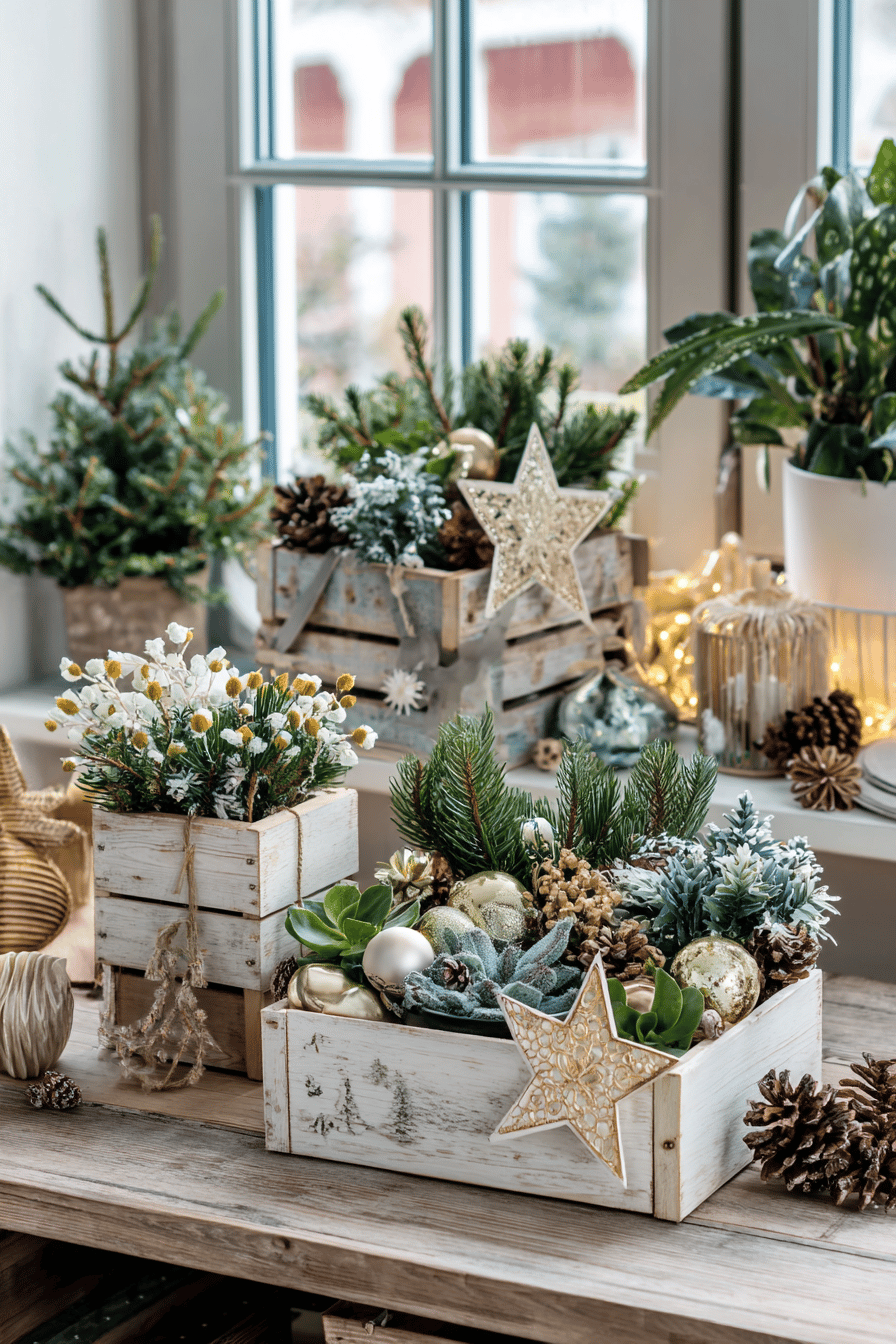 Weihnachtlich dekorierte Blumenkästen mit Tannenzweigen, Kugeln und Sternen vor einem Fenster.