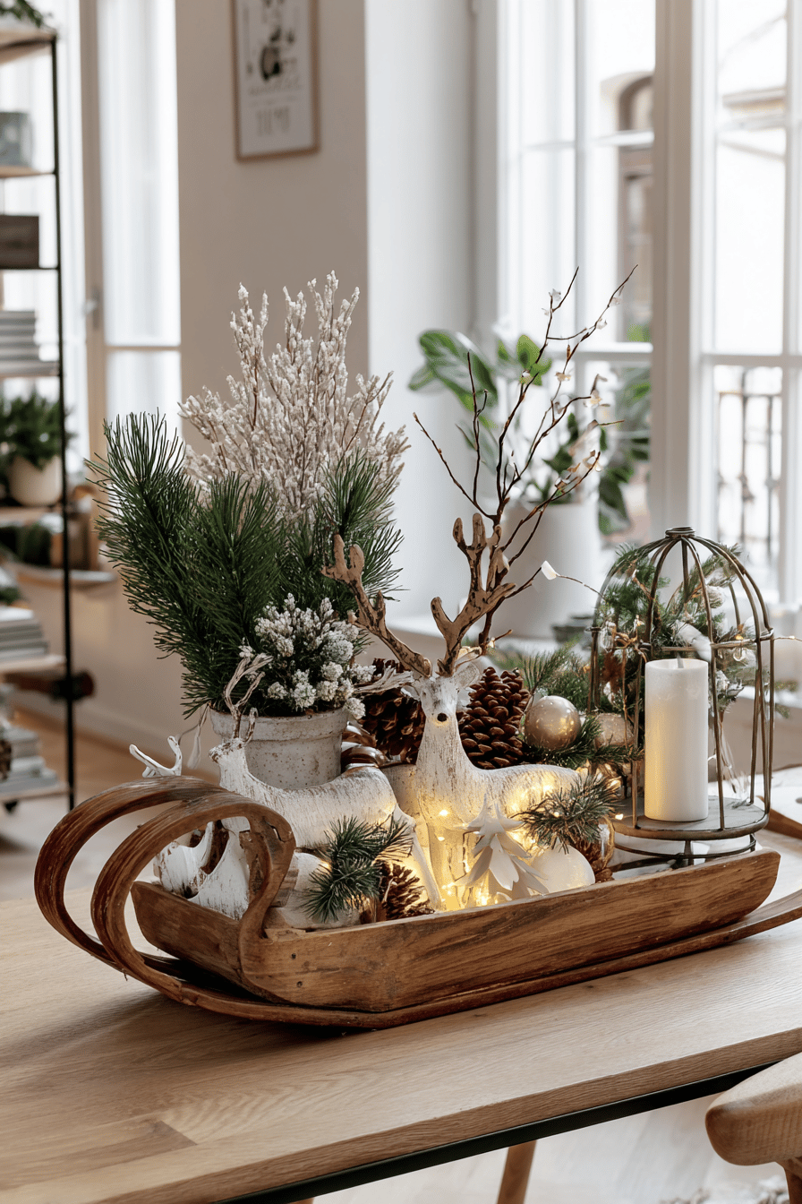 Ein dekorativer Holzschlitten auf einem Tisch, bestückt mit winterlichen Dekofiguren, Tannenzweigen und Kerzen.
