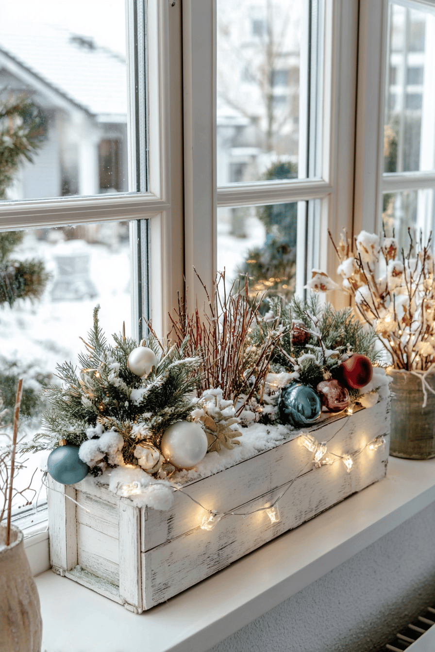 Ein winterlich dekorierter Blumenkasten mit Tannenzweigen, Kugeln und Lichterkette am Fenster.