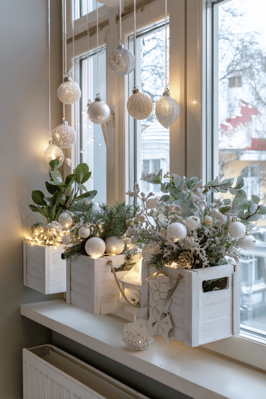 Weihnachtlich dekorierte Blumenkästen mit Pflanzen und Kugeln vor einem Fenster.