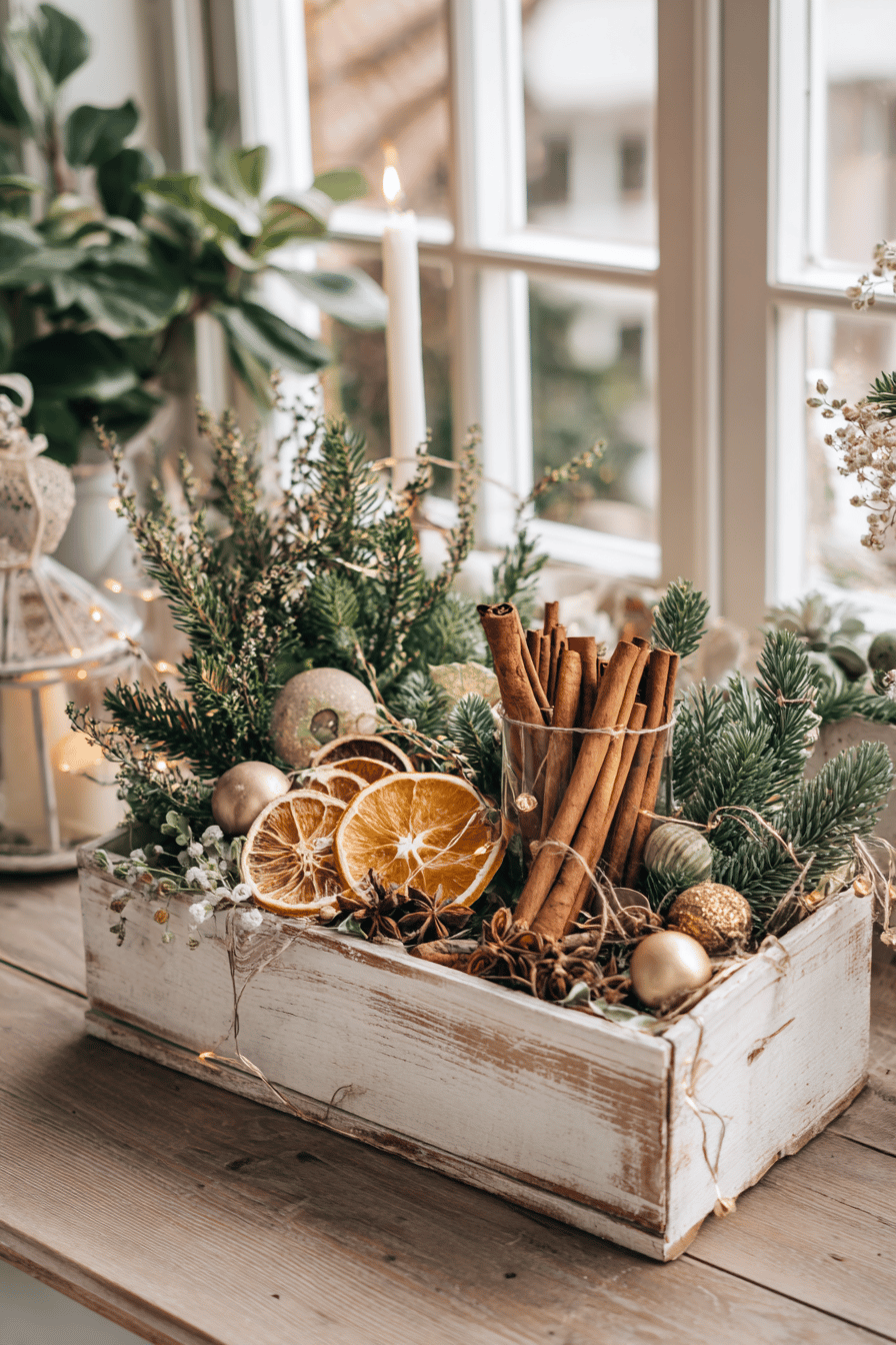Ein weihnachtlich dekorierter Blumenkasten mit Zimtstangen, Orangenscheiben und Tannenzweigen.