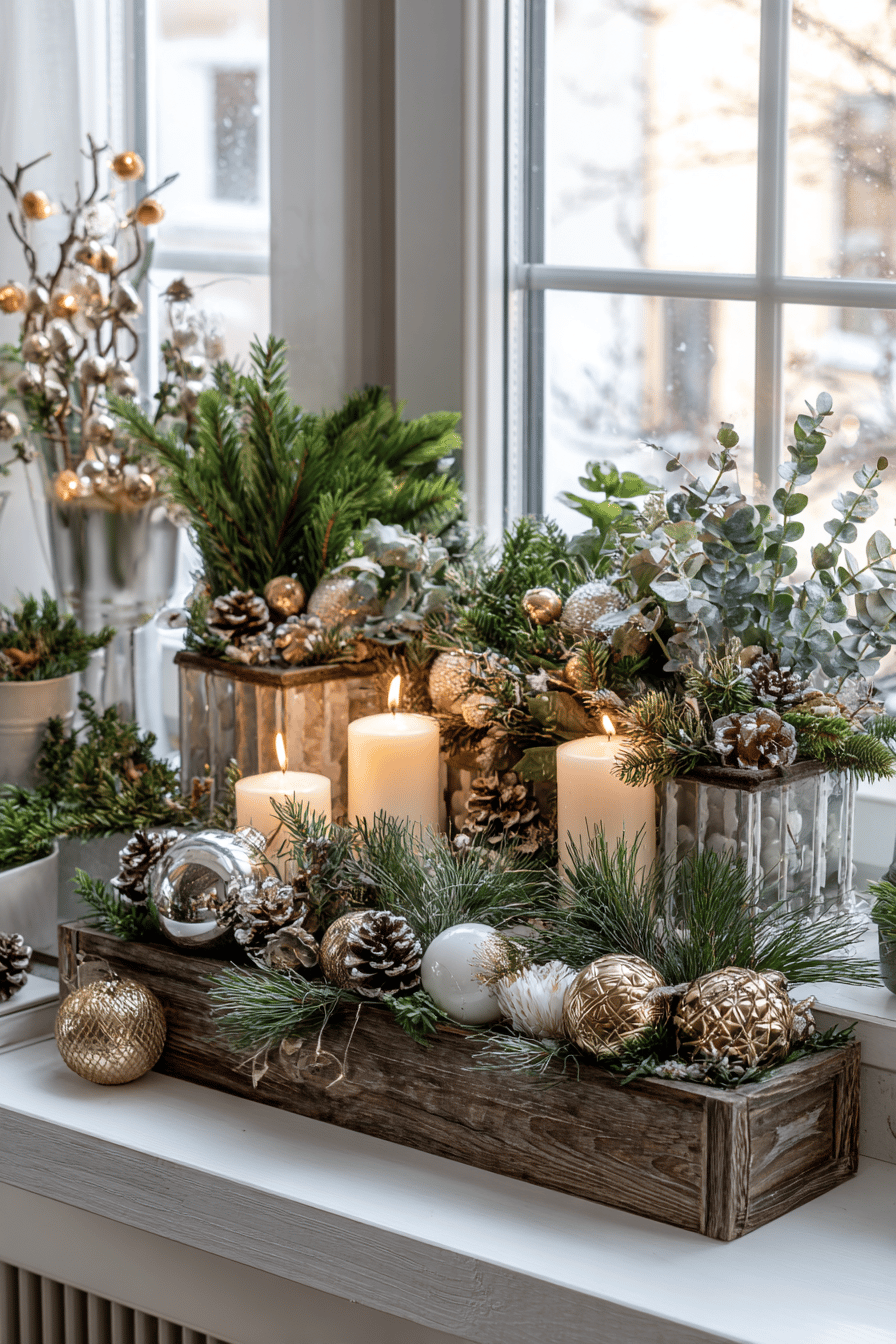 Weihnachtlich dekorierte Blumenkästen mit Kerzen, Tannenzweigen und Kugeln auf einem Fensterbrett.
