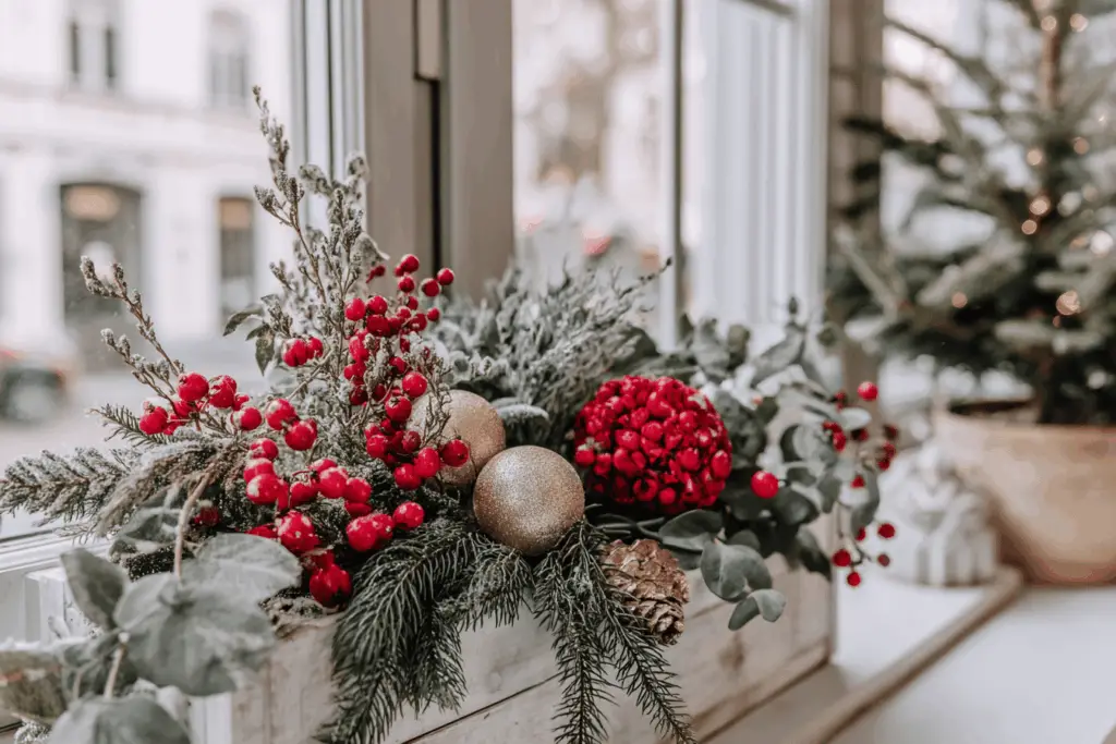 Weihnachtliche Fensterdekoration mit roten Beeren